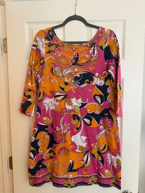 Joyous & Free Boho Pink Orange Swirl Floral Mini Dress - Size L -EUC
